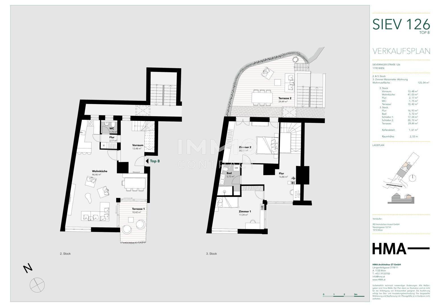 Detaillierter Verkaufsplan der Wohnung mit zwei Terrassen und offenem Wohnbereich.