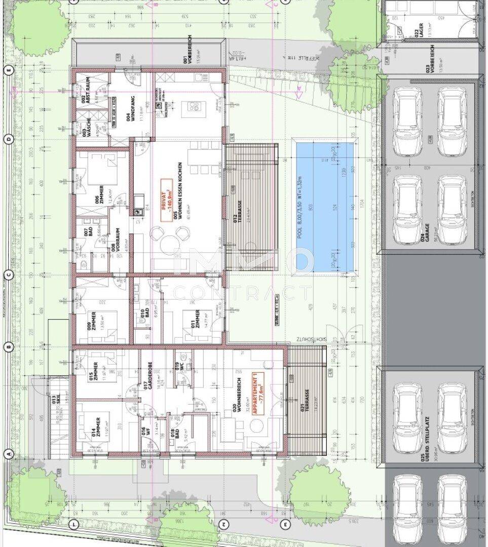 Detaillierter Grundriss des Erdgeschosses mit Wohnbereichen, Terrasse und Pool.