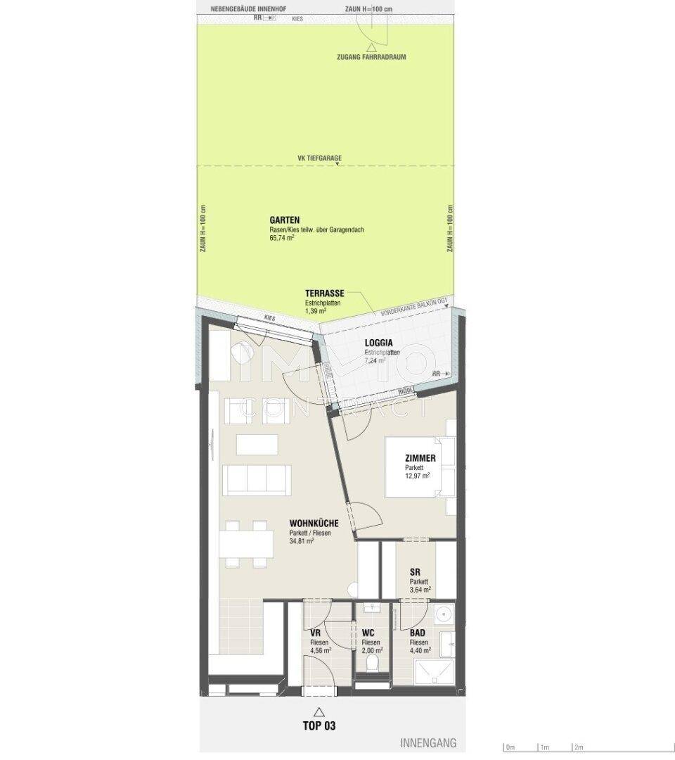 Detaillierter Grundriss von Top 03 mit Wohnküche, Zimmern, Bad, WC, Loggia, Terrasse und Garten.