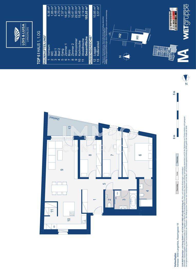 Grundrissplan einer Wohnung mit offenem Wohnbereich, drei Zimmern und Loggia.