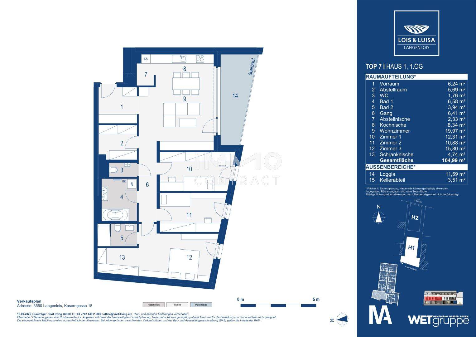 Übersichtlicher Grundriss der Wohnung mit drei Schlafzimmern, zwei Bädern und Loggia.