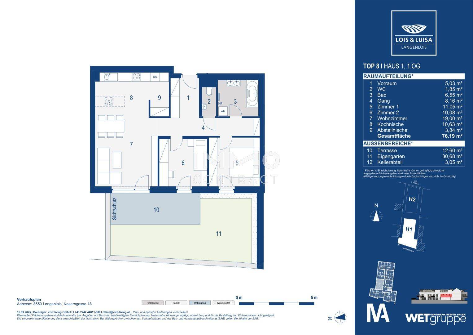 Detaillierter Grundriss einer Wohnung mit Terrasse, eigenem Garten und klarer Raumaufteilung.