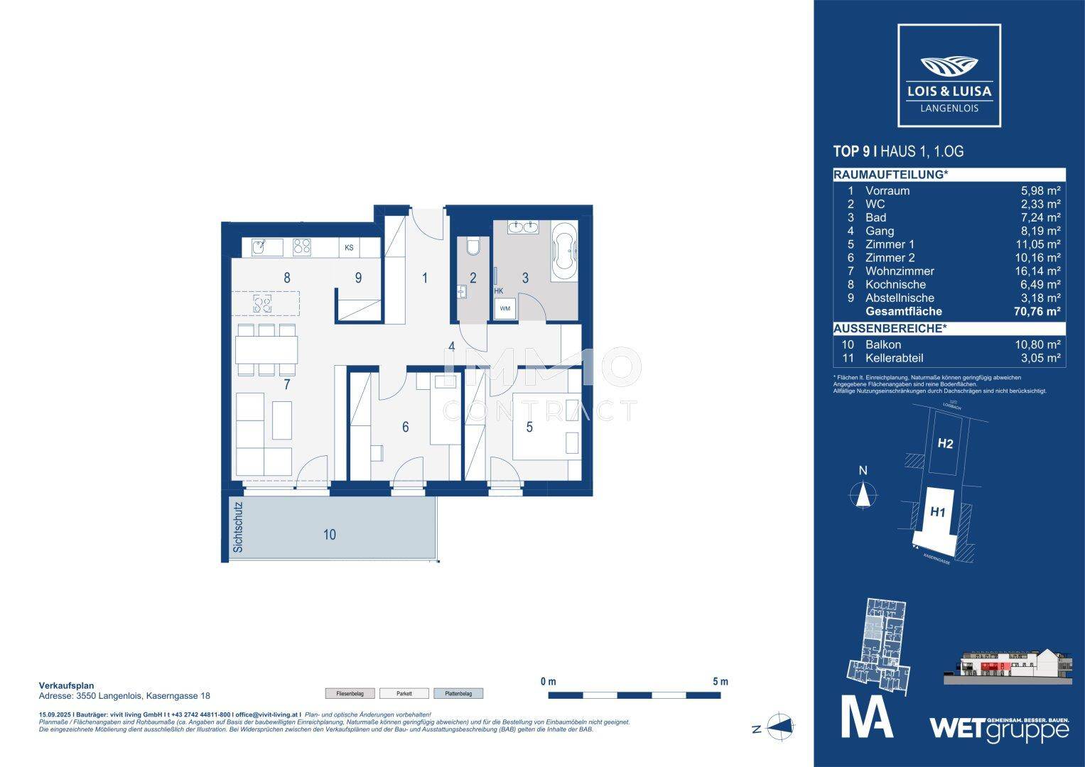Grundrissplan einer Wohnung mit Balkon, offenem Wohnbereich und separatem Kellerabteil.