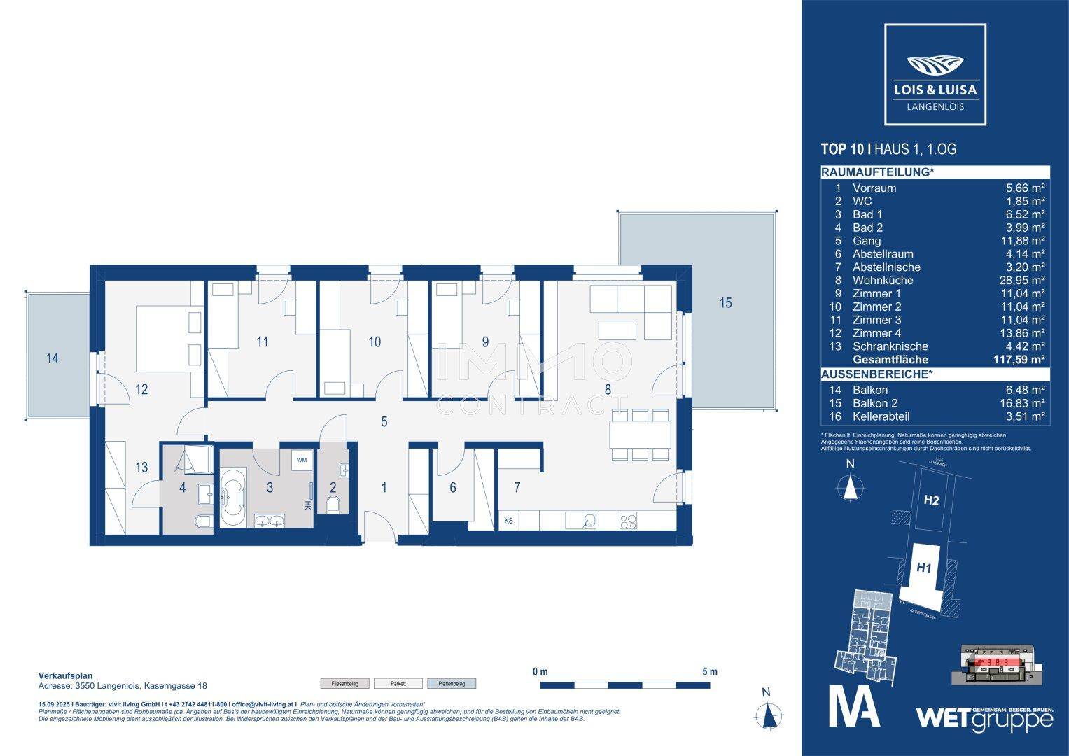 Detaillierter Grundriss einer Wohnung mit mehreren Zimmern, zwei Bädern und zwei Balkonen.
