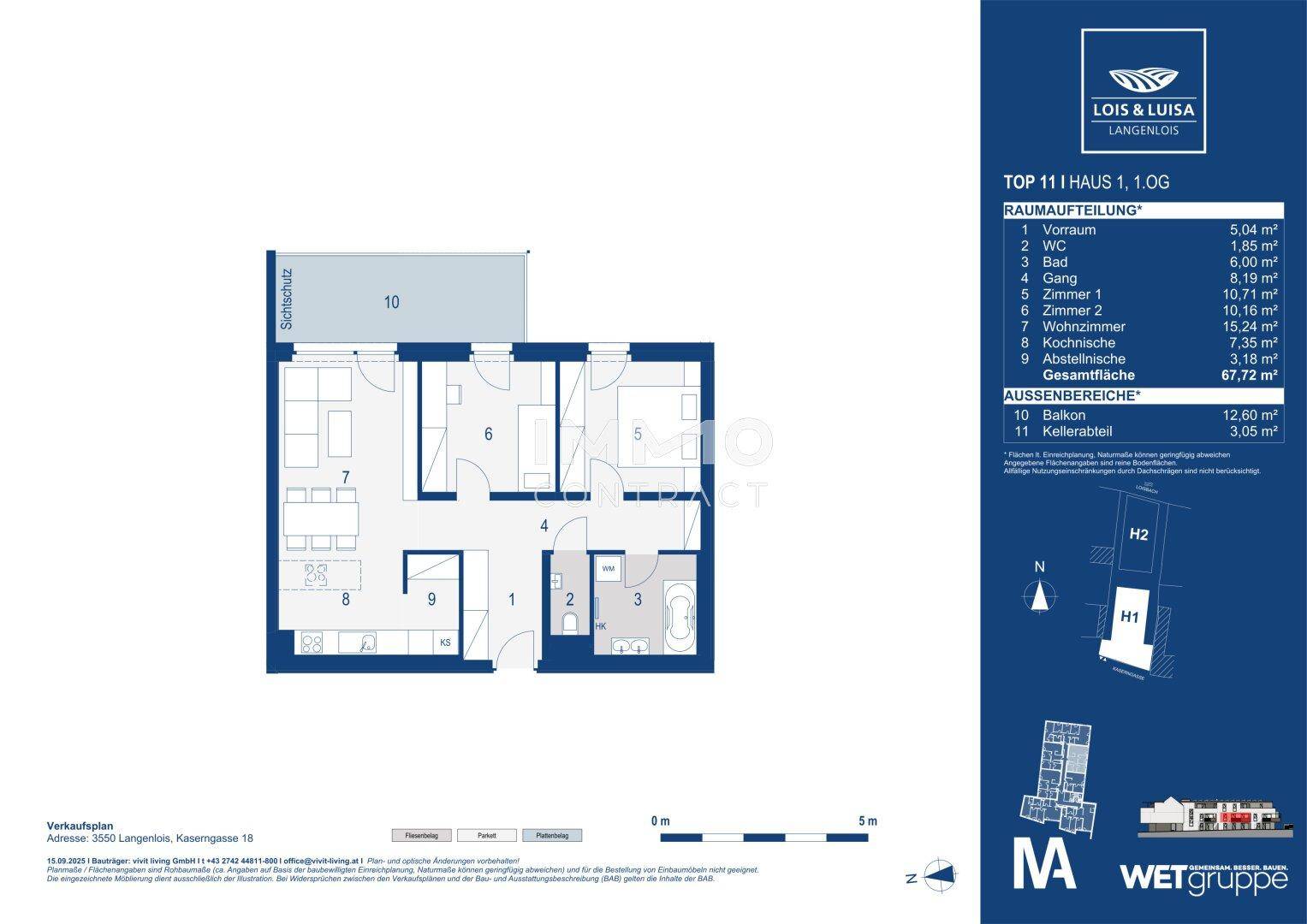 Übersichtlicher Grundriss einer Wohnung mit offenem Wohnbereich, zwei Schlafzimmern und Balkon.