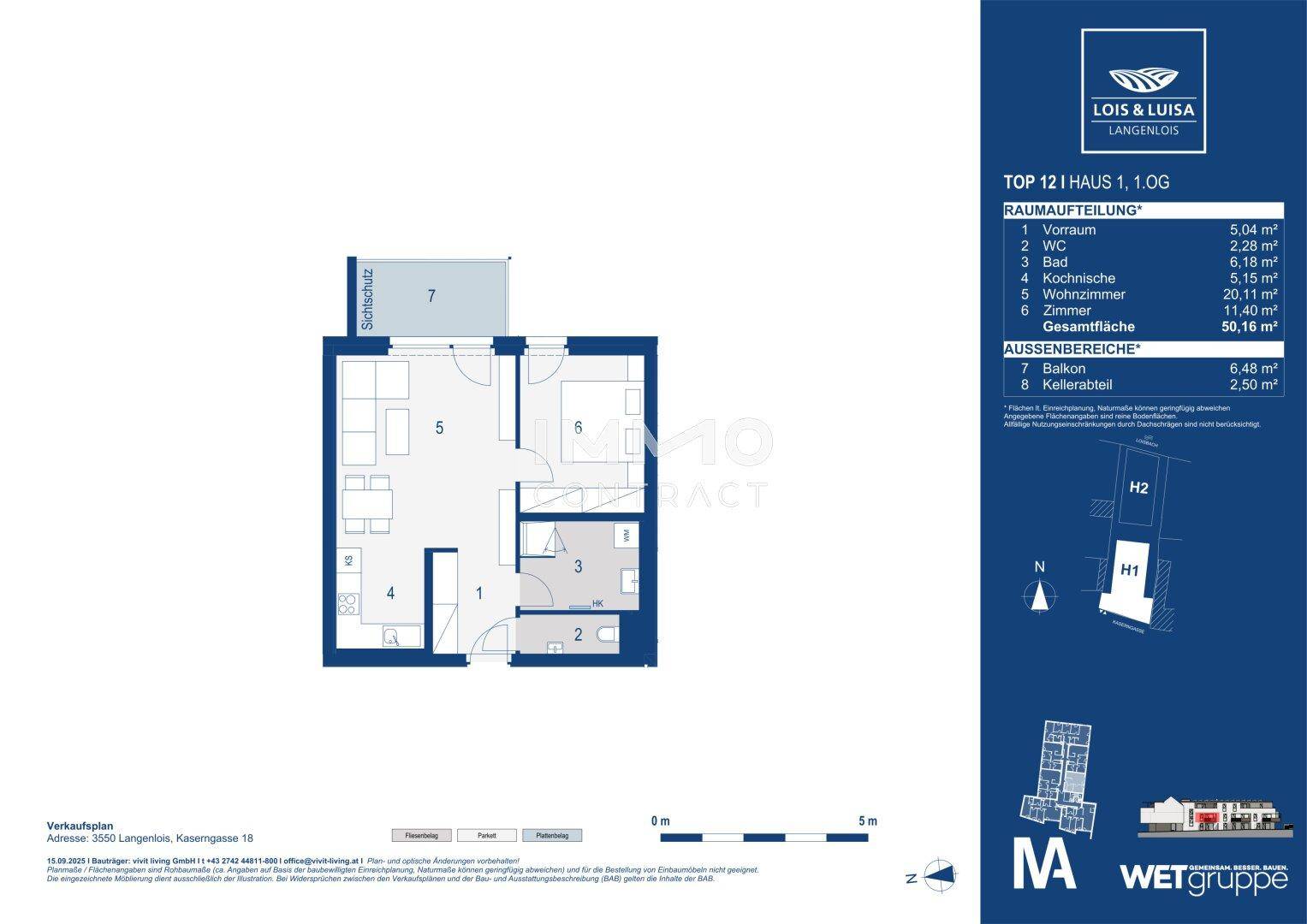 Grundriss einer Wohnung mit Balkon, separatem WC und offenem Wohnbereich.