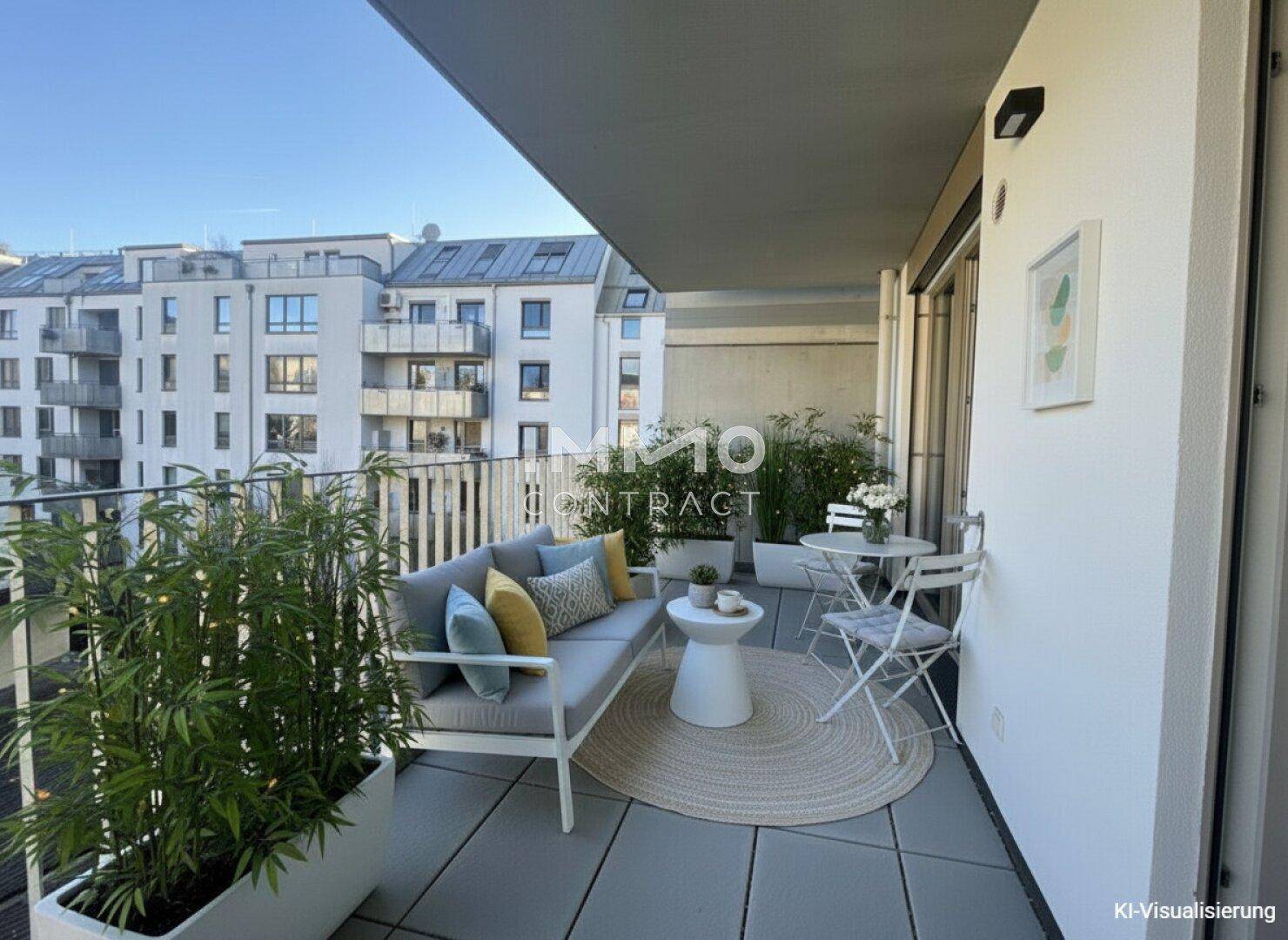 Möblierter Balkon mit Pflanzen und Blick auf die umliegenden Gebäude.