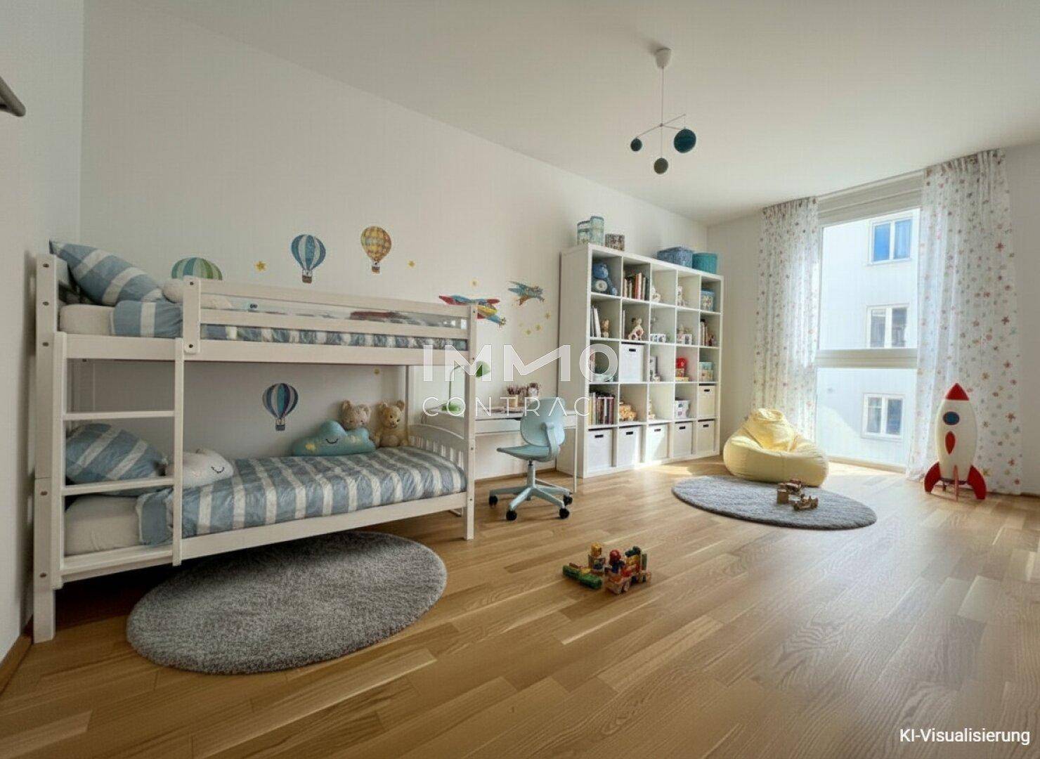 Kinderzimmer mit Etagenbett, Holzboden und spielerischer Wanddekoration.