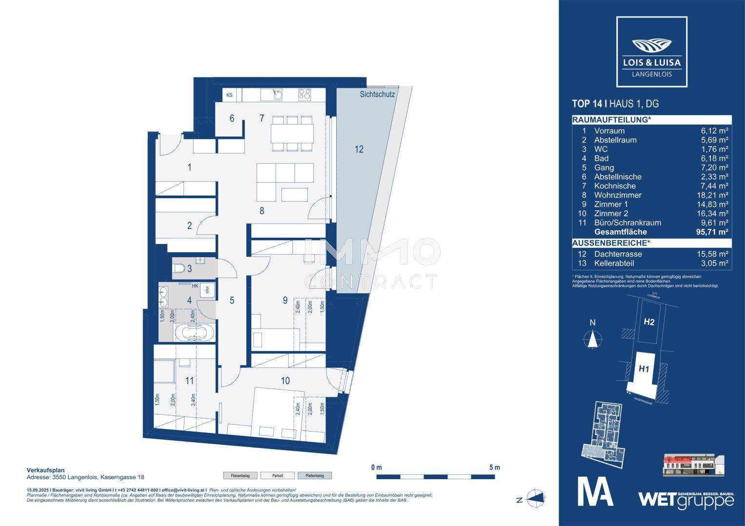Detaillierter Grundriss einer Wohnung mit mehreren Zimmern und Dachterrasse.