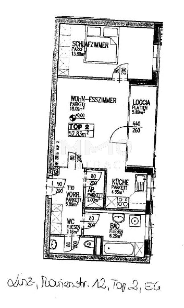 Grundriss der Wohnung mit Schlafzimmer, Wohn-Esszimmer, Küche und Loggia.