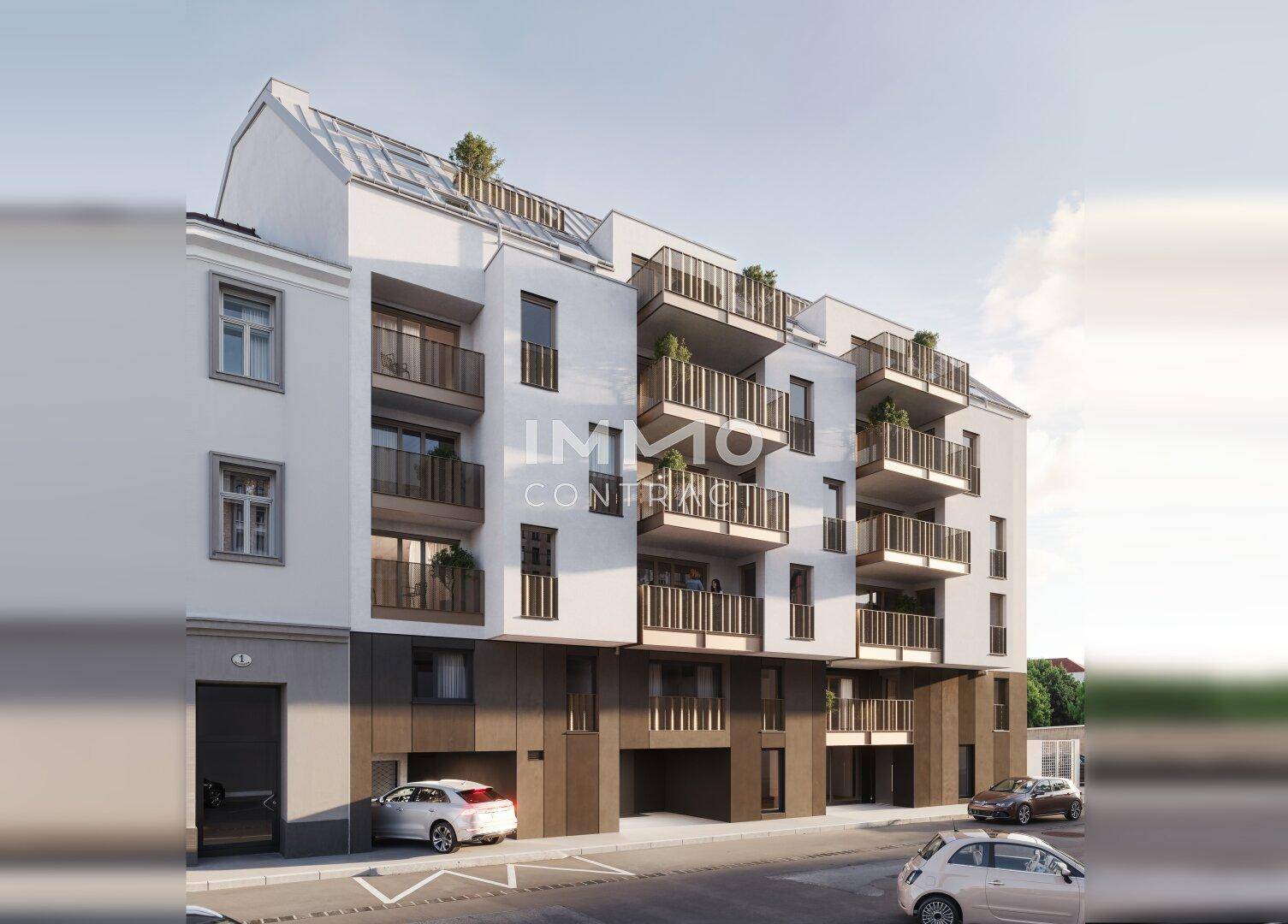 Moderne Fassade eines Wohngebäudes mit Balkonen und integrierten Parkmöglichkeiten im Erdgeschoss.