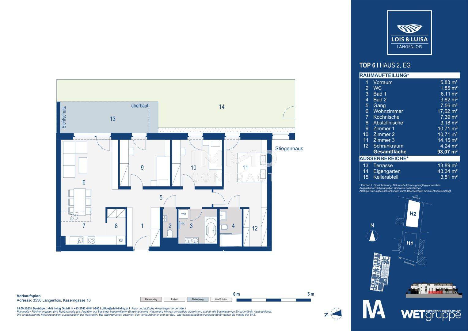 Grundriss der Wohnung TOP 6 im Haus 2 mit Garten und Kellerabteil.