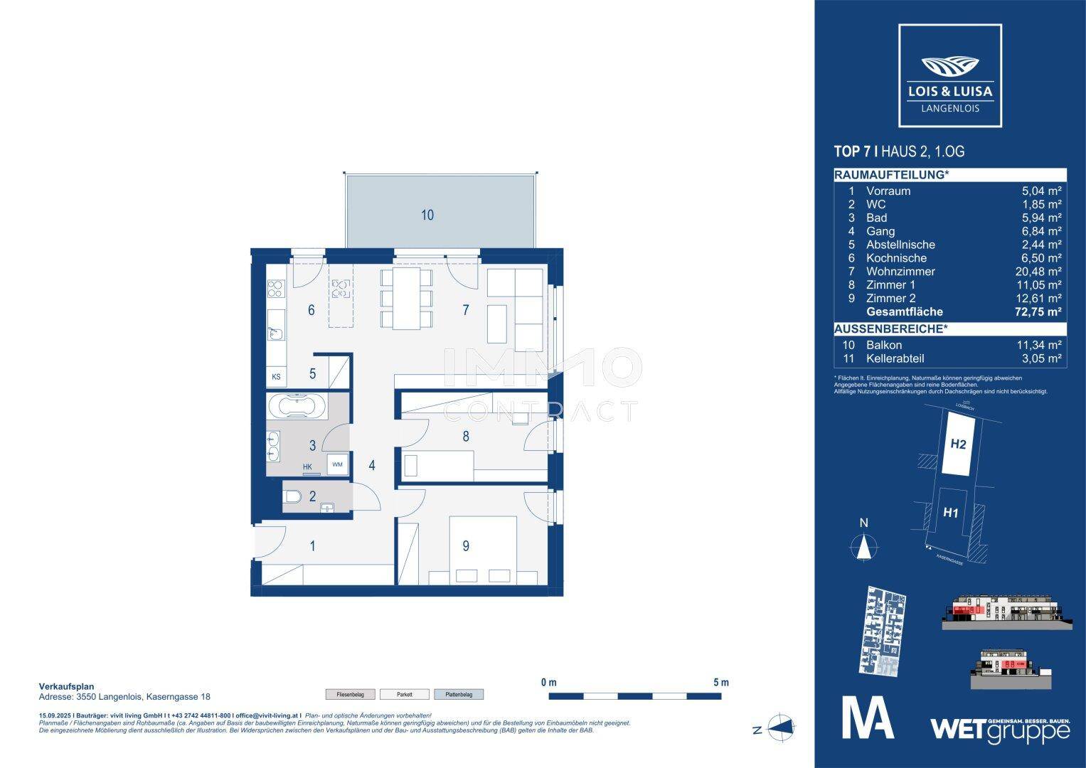 Grundrissplan einer Wohnung im ersten Obergeschoss mit Balkon und Kellerabteil.