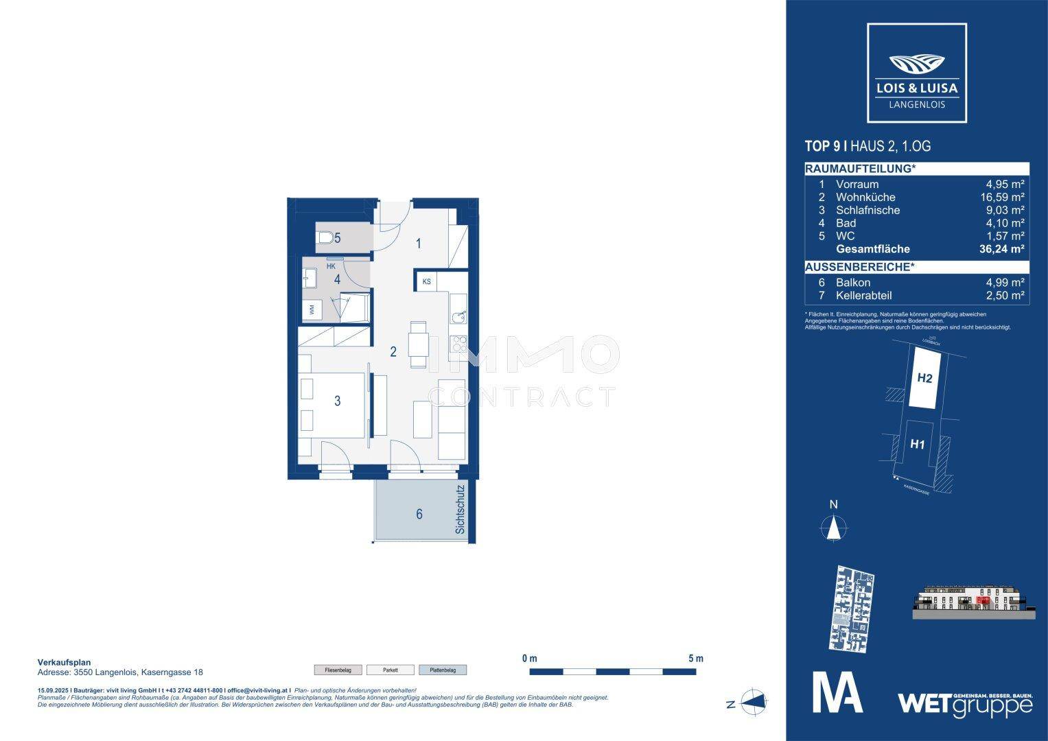 Grundrissplan einer Wohnung mit Wohnküche, Schlafzimmer, Bad, WC und Balkon.