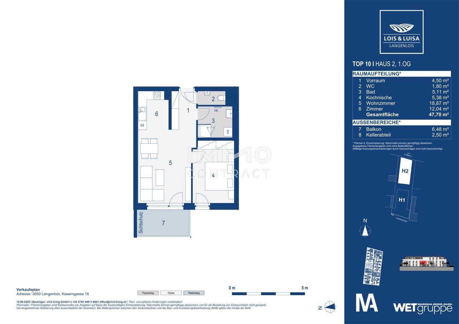 Grundriss einer 2-Zimmer-Wohnung mit Balkon und offener Wohnküche.