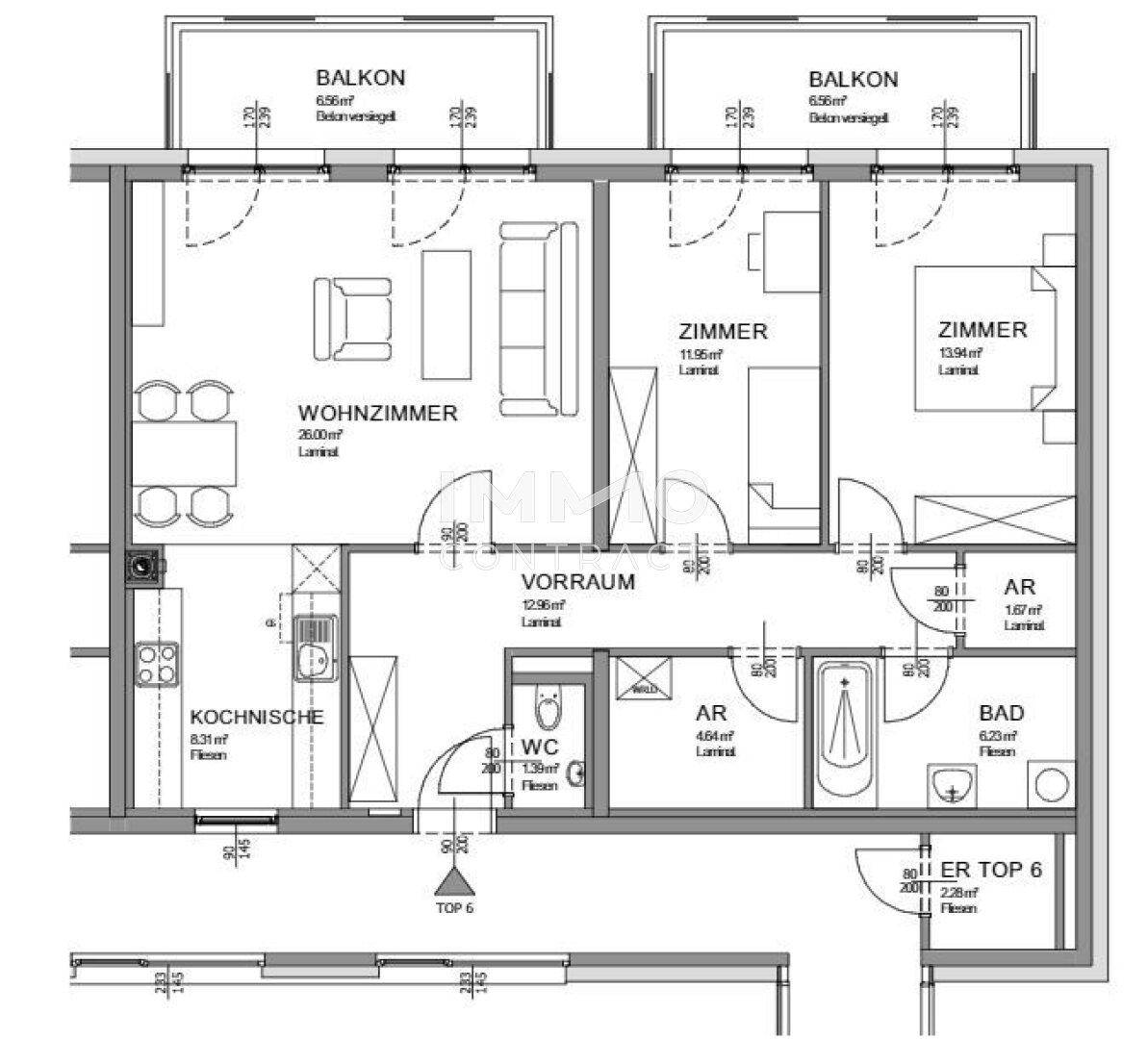 Grundriss der Wohnung mit zwei Balkonen, drei Zimmern, Bad und separater Küche.