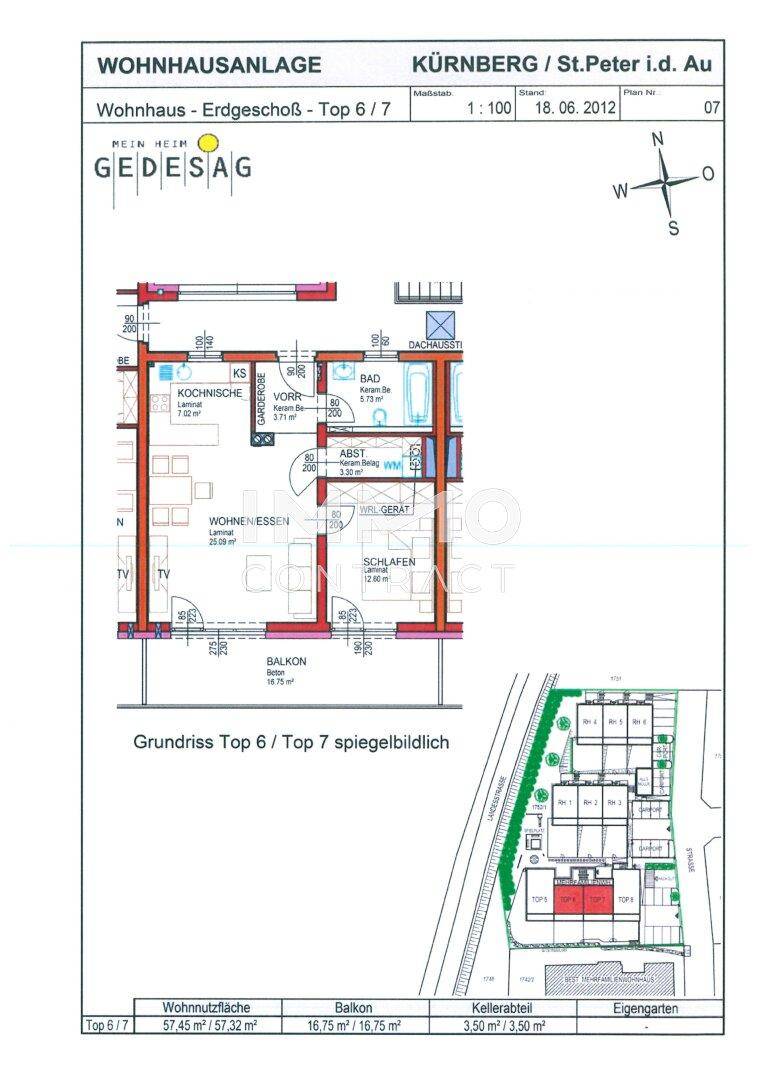 Grundriss einer Wohnung im Erdgeschoss mit Balkon und Gartenanteil.