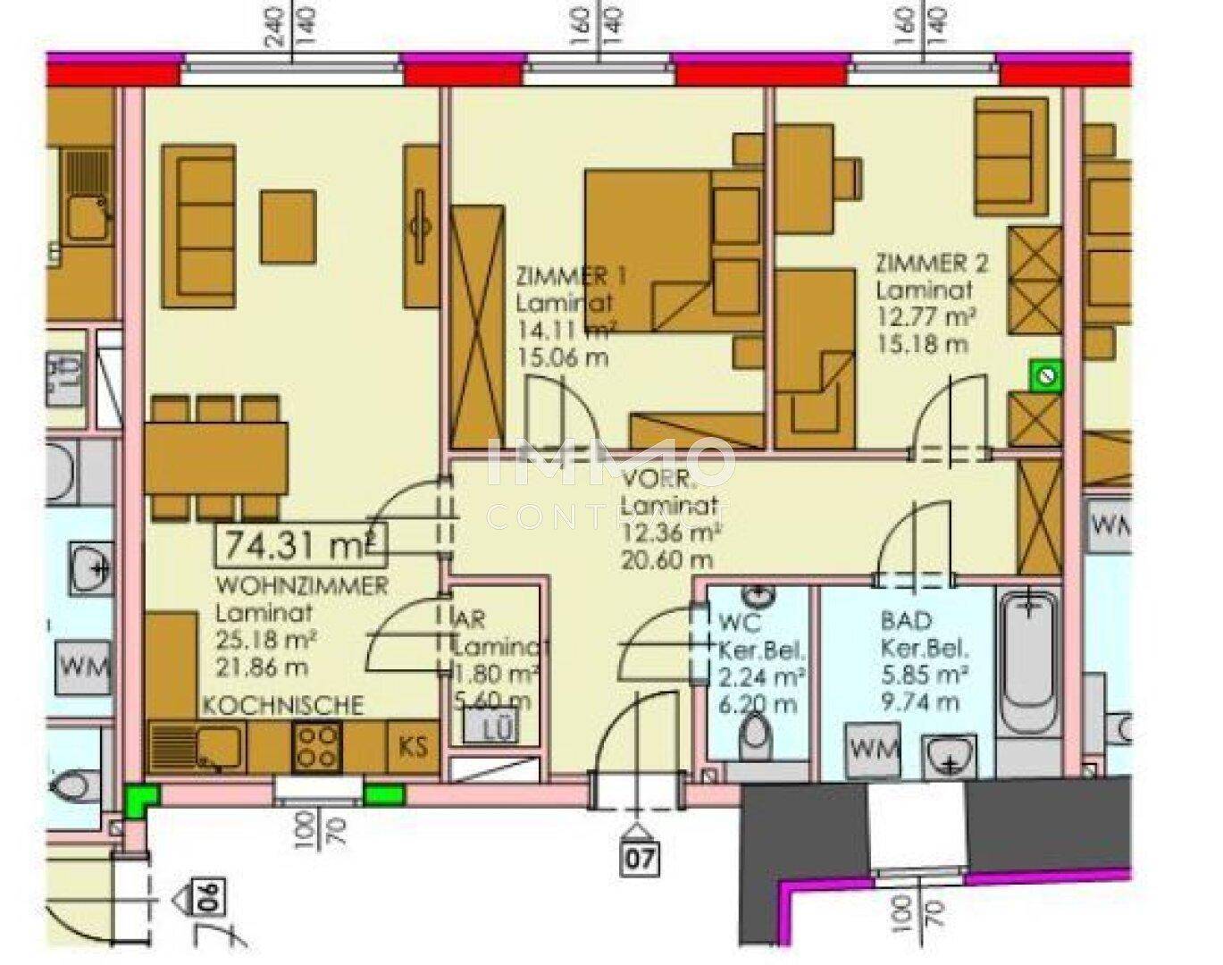 Detaillierter Grundriss einer Wohnung mit Wohnzimmer, zwei Schlafzimmern und Nasszellen.