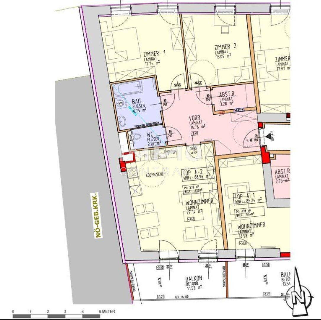 Detaillierter Grundriss einer Wohnung mit mehreren Zimmern, Balkonen und offenem Wohnbereich.