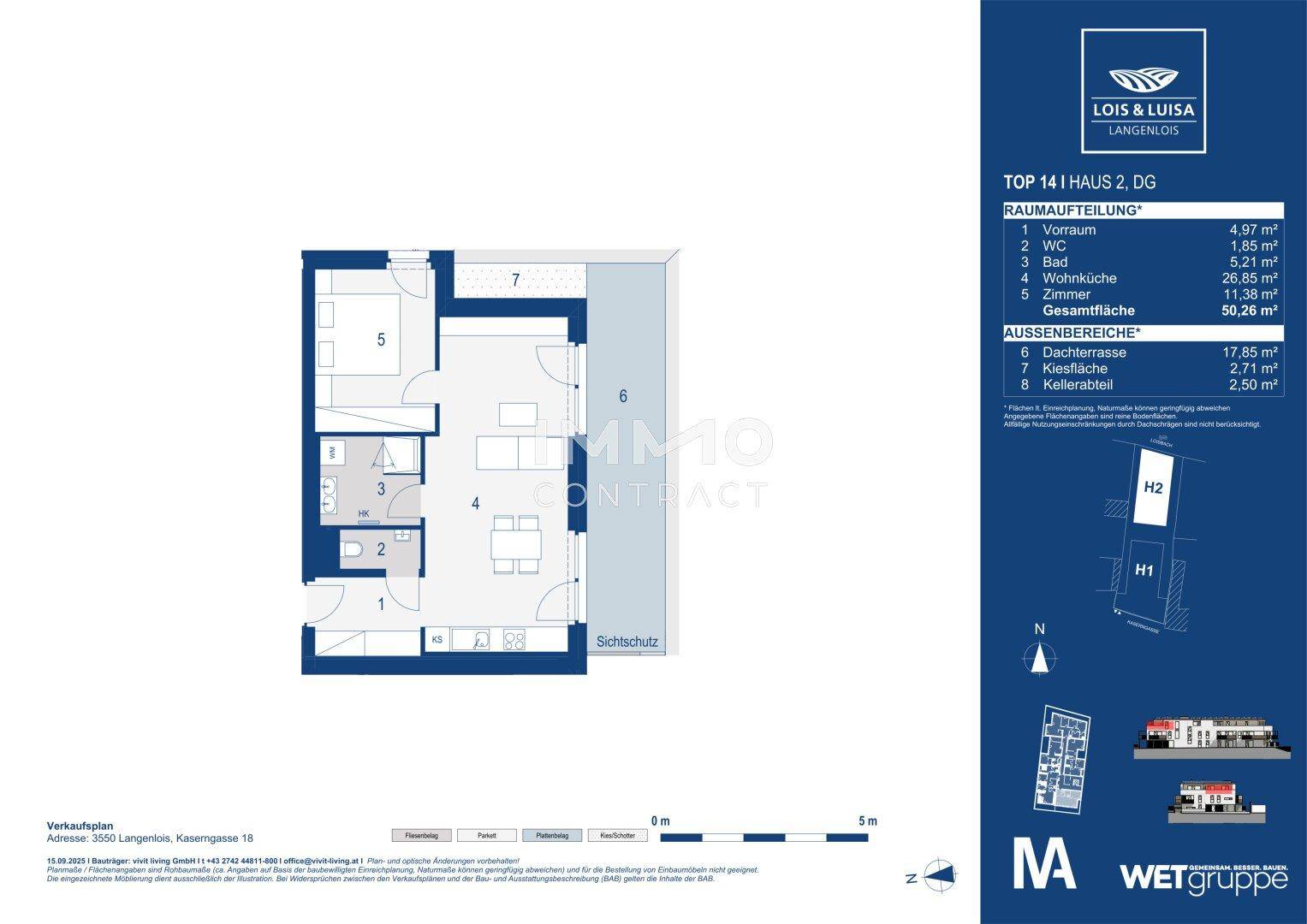 Detaillierter Grundriss der Wohnung Top 141 mit Dachterrasse und Kellerabteil.