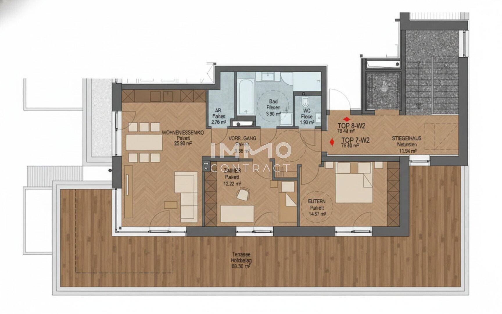 Detaillierter Grundriss einer Wohnung mit Wohn-Essbereich, zwei Schlafzimmern und großer Terrasse.