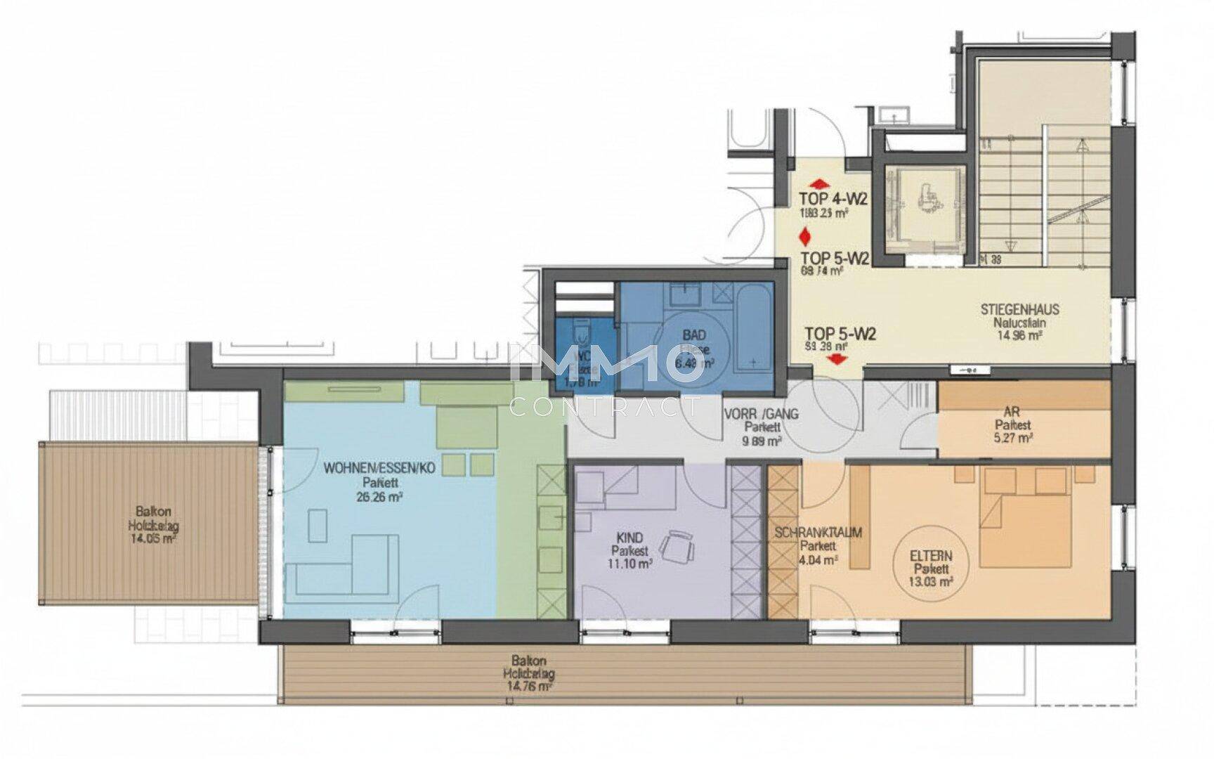 Detaillierter Grundriss einer Wohnung mit offenem Wohnbereich und zwei Balkonen.