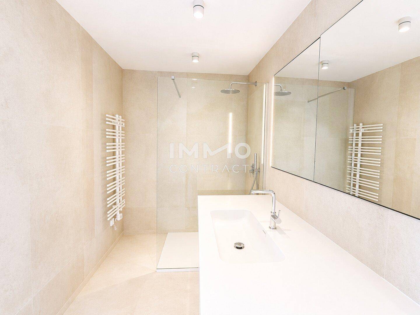 Modernes Badezimmer mit begehbarer Dusche, Einzelwaschbecken und einem praktischen beheizten Handtuchhalter.