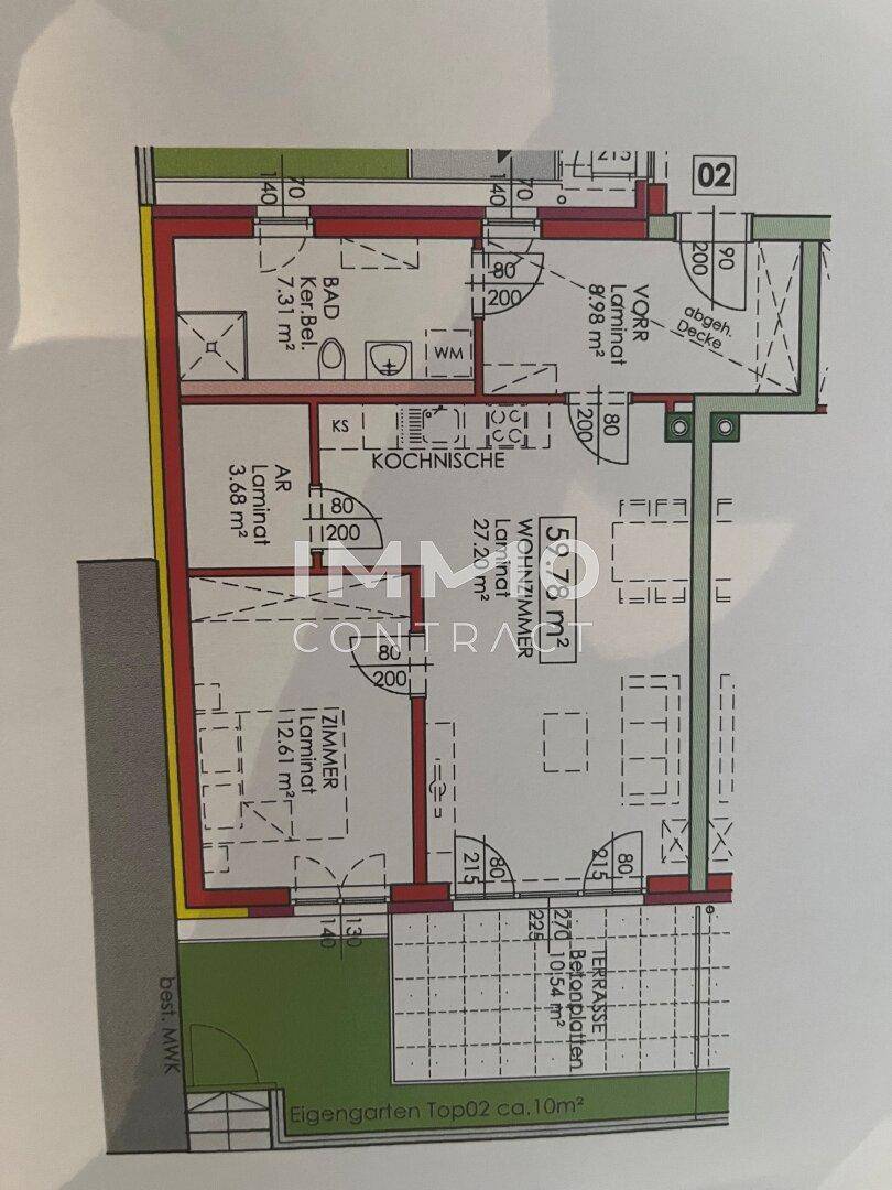 Grundriss einer Wohnung mit 59,75 m² Wohnfläche, Terrasse und Gartenanteil.