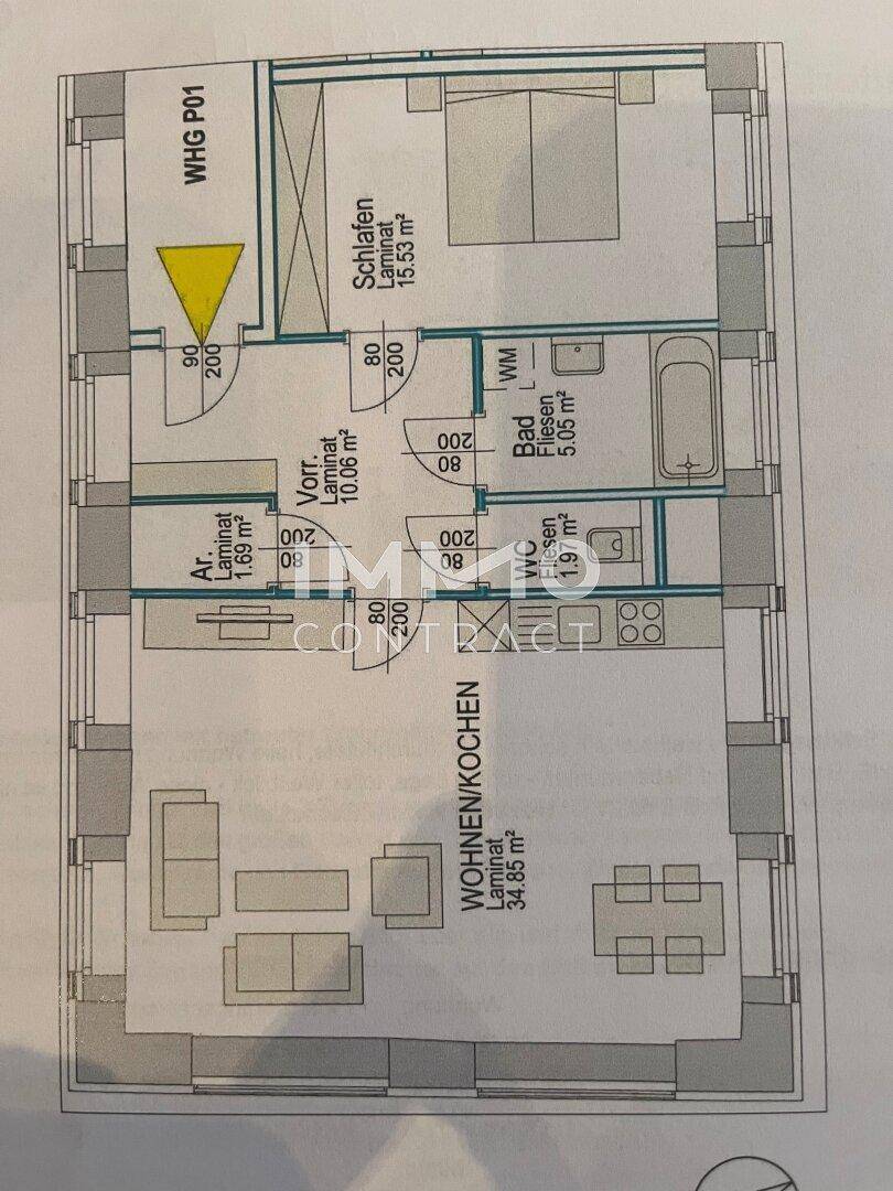 Detaillierter Grundriss einer Wohnung mit offenem Wohn-/Kochbereich und Schlafzimmer.