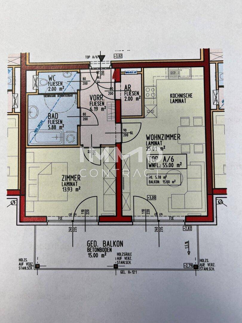 Grundriss einer Wohnung mit Wohnzimmer, Schlafzimmern, Bad und Balkon.