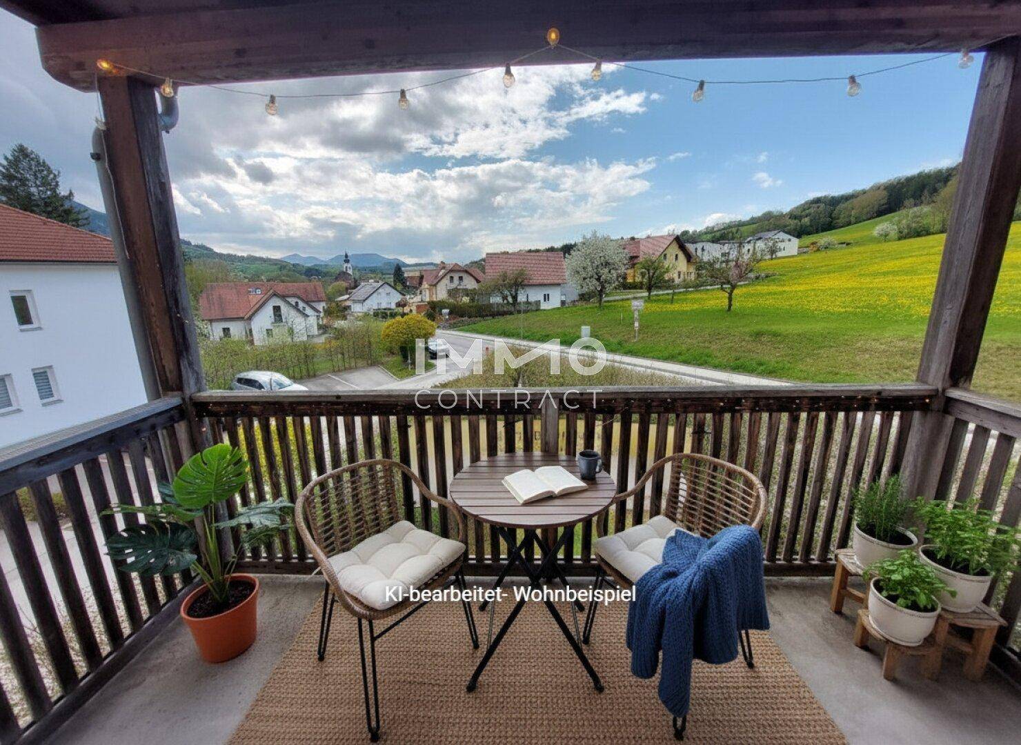 Gemütlicher Holzbalkon mit Sitzgelegenheiten und Panoramablick auf die umliegende Natur.