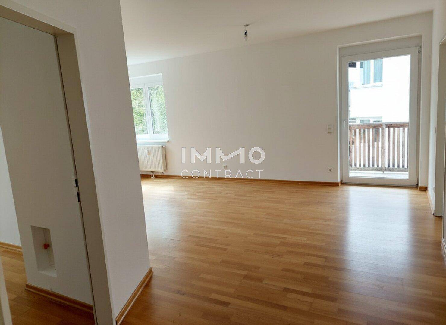 Heller Eingangsbereich mit Parkettboden und Zugang zu weiteren Räumen und Balkon.