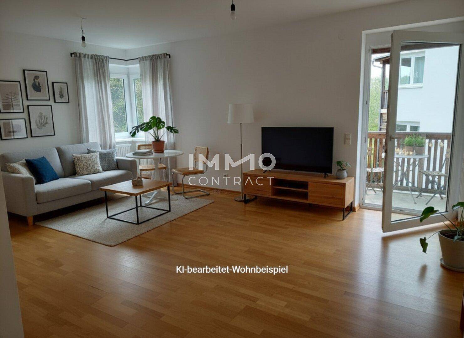 KI-bearbeitetes Wohnbeispiel mit Sofa, TV-Möbel und direktem Zugang zum Balkon.