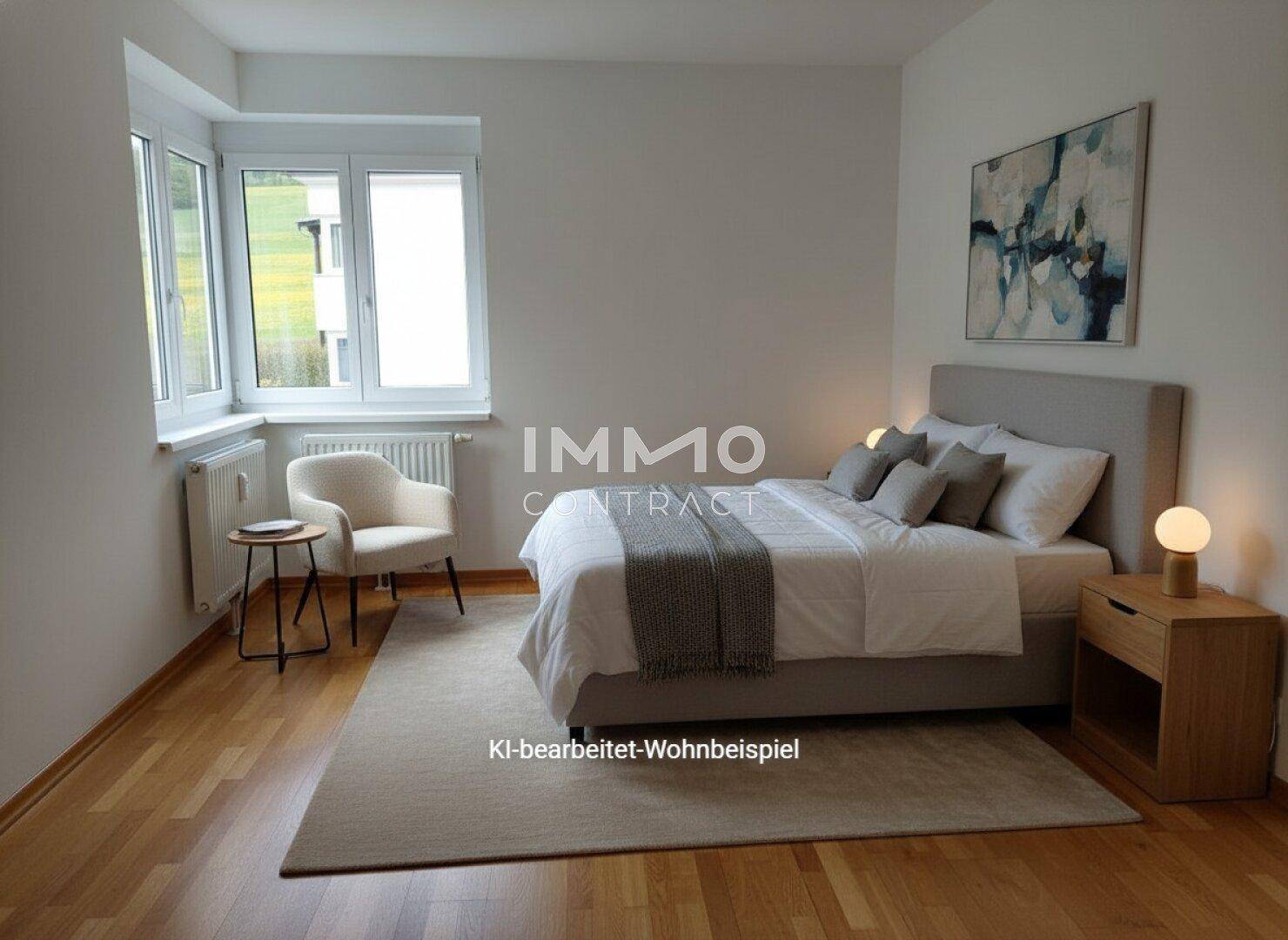 KI-bearbeitetes Schlafzimmerbeispiel mit Doppelbett, Nachttischen und viel natürlichem Licht.