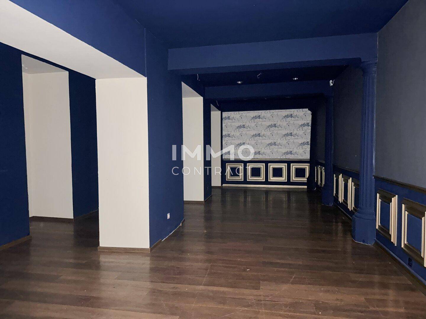 Raum mit dunklem Holzboden und blauen Wänden, verziert mit klassischen Säulen und Wandpaneelen.