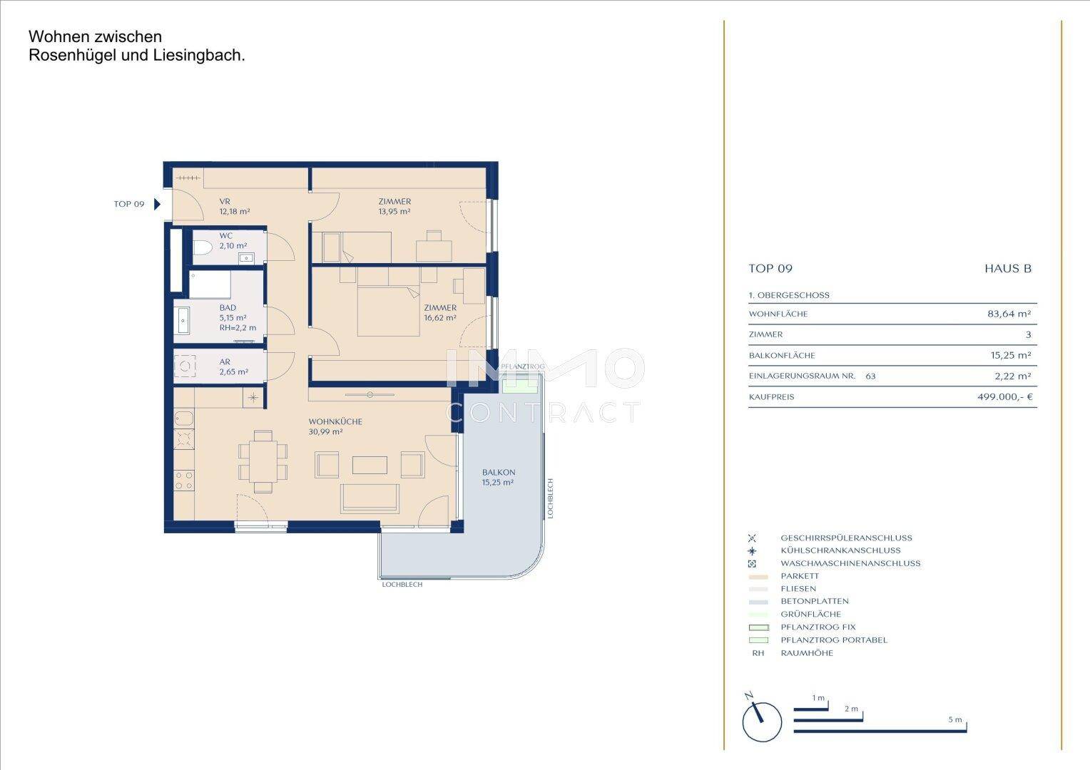 Grundrissplan einer Wohnung mit offenem Wohnbereich, separatem WC und großem Balkon.
