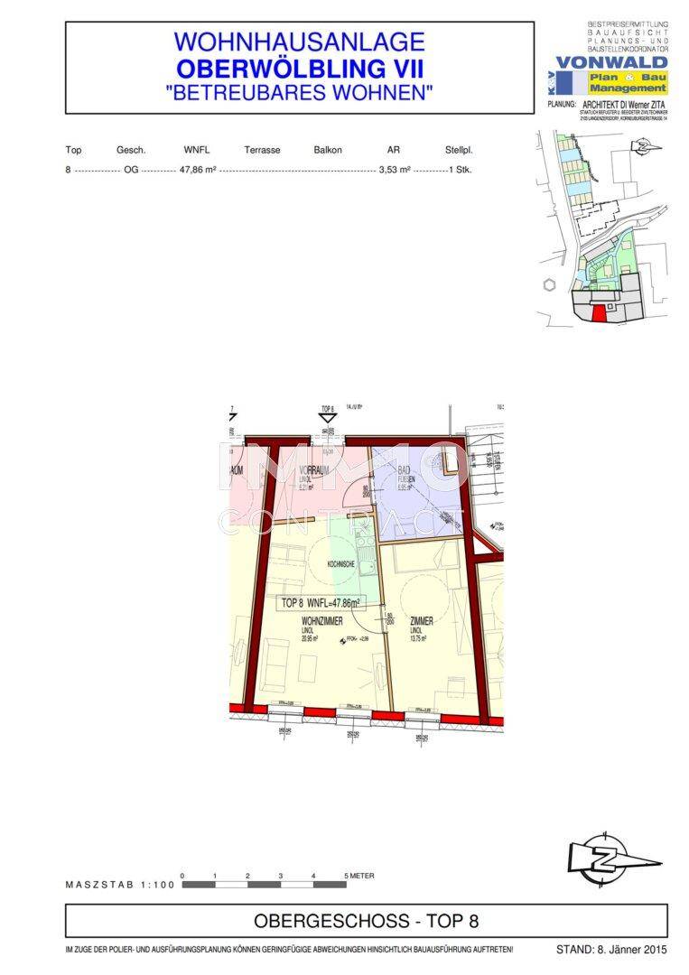 Grundriss der Wohnung Top 8 im Obergeschoss mit 47,86 m² Wohnfläche und Balkon.