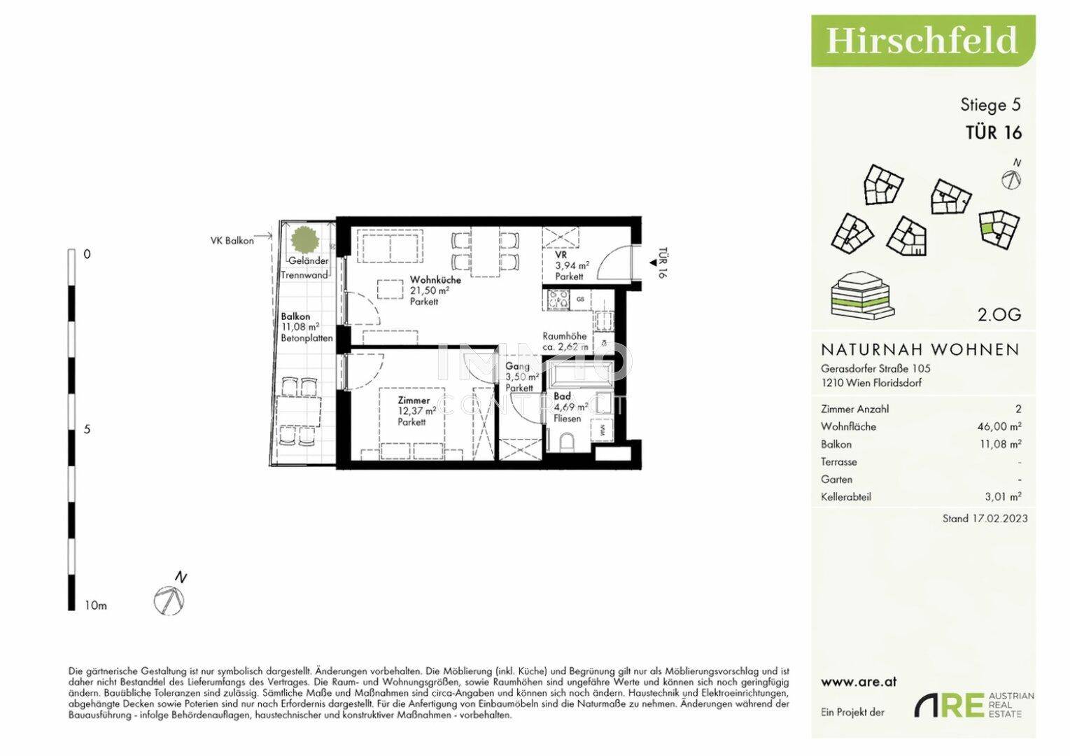 Detaillierter Grundriss einer Wohnung mit zwei Zimmern, Balkon und klar definierten Wohnbereichen.