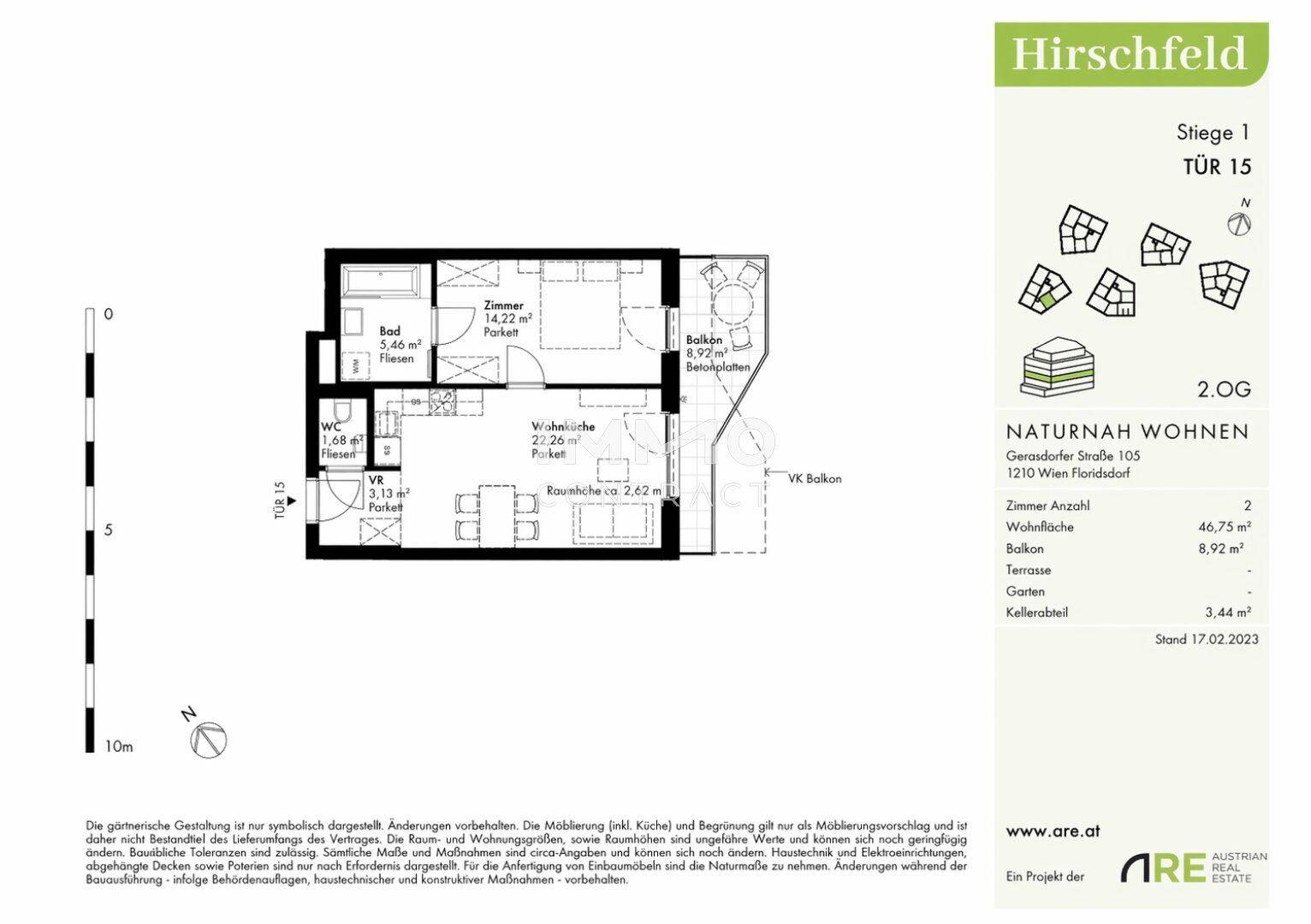 Grundriss der Wohnung im 2. Obergeschoss mit Balkon, separatem WC und Kellerabteil.