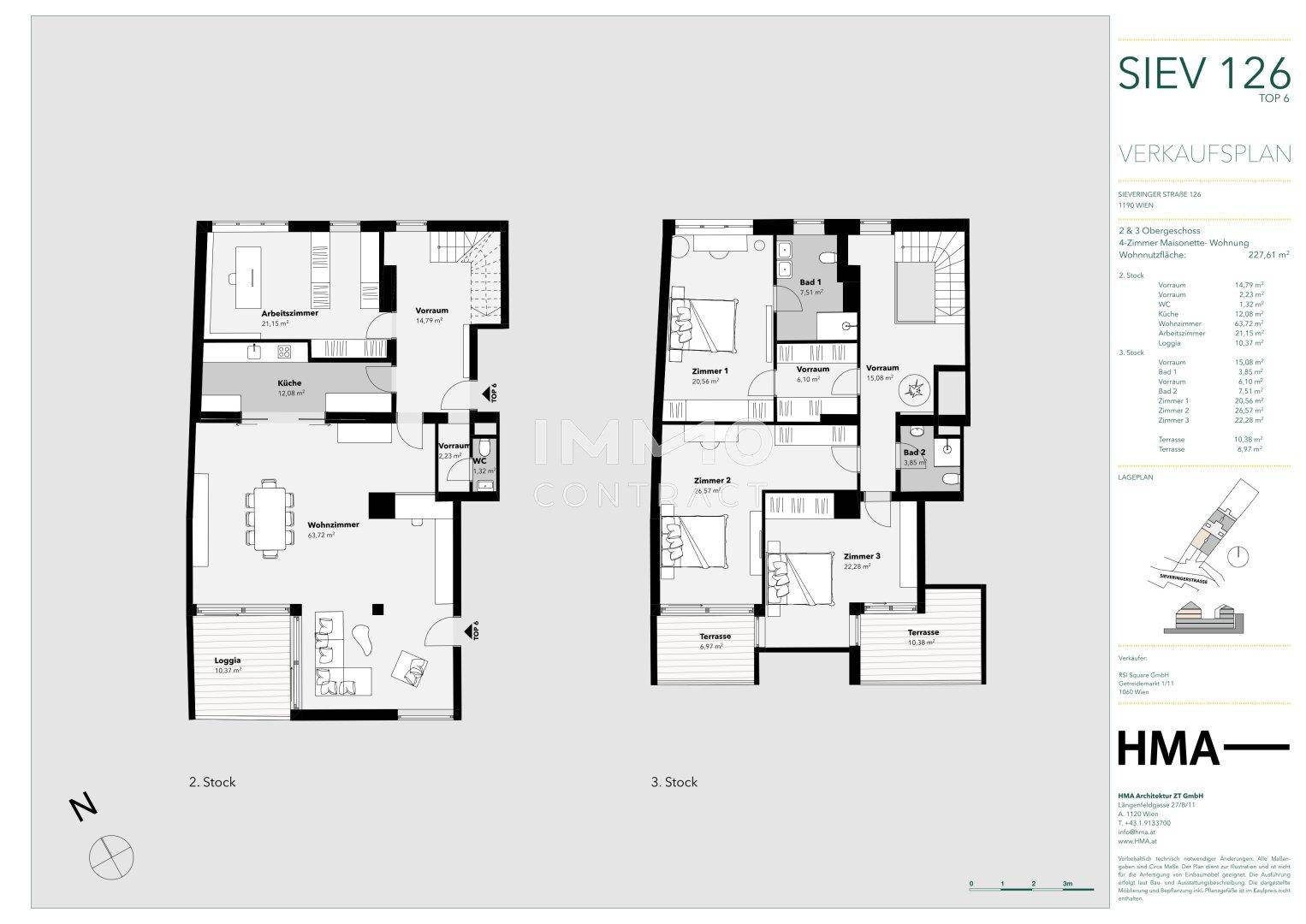 Grundriss einer Maisonette-Wohnung über zwei Etagen mit Loggia und Terrasse.