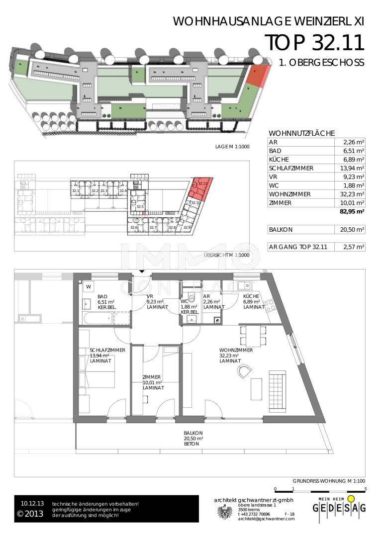 Grundriss der Wohnung Top 32.11 im Obergeschoss mit Balkon und mehreren Zimmern.
