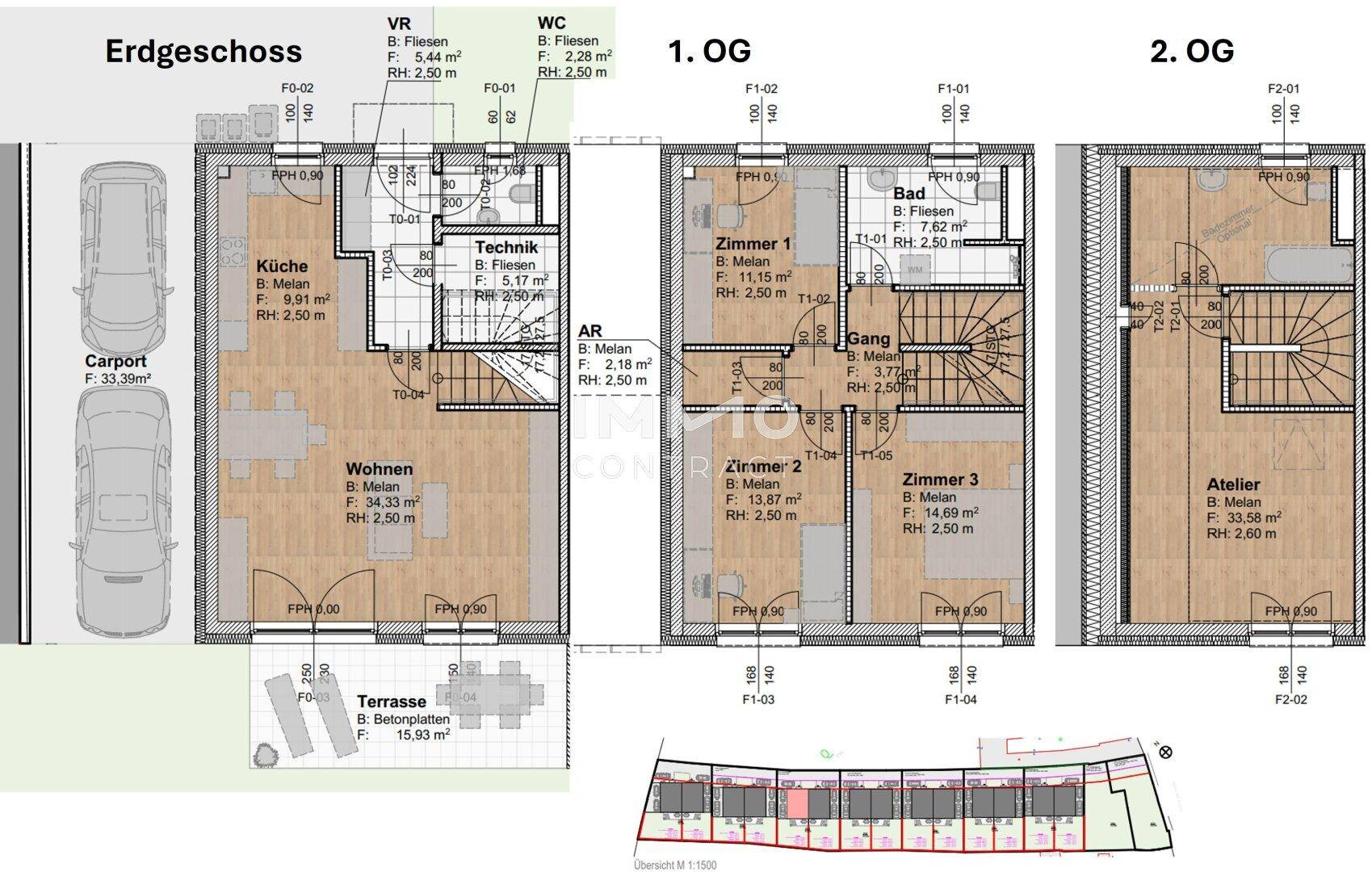Detaillierter Grundriss über drei Etagen mit Carport, Terrasse und mehreren Zimmern.