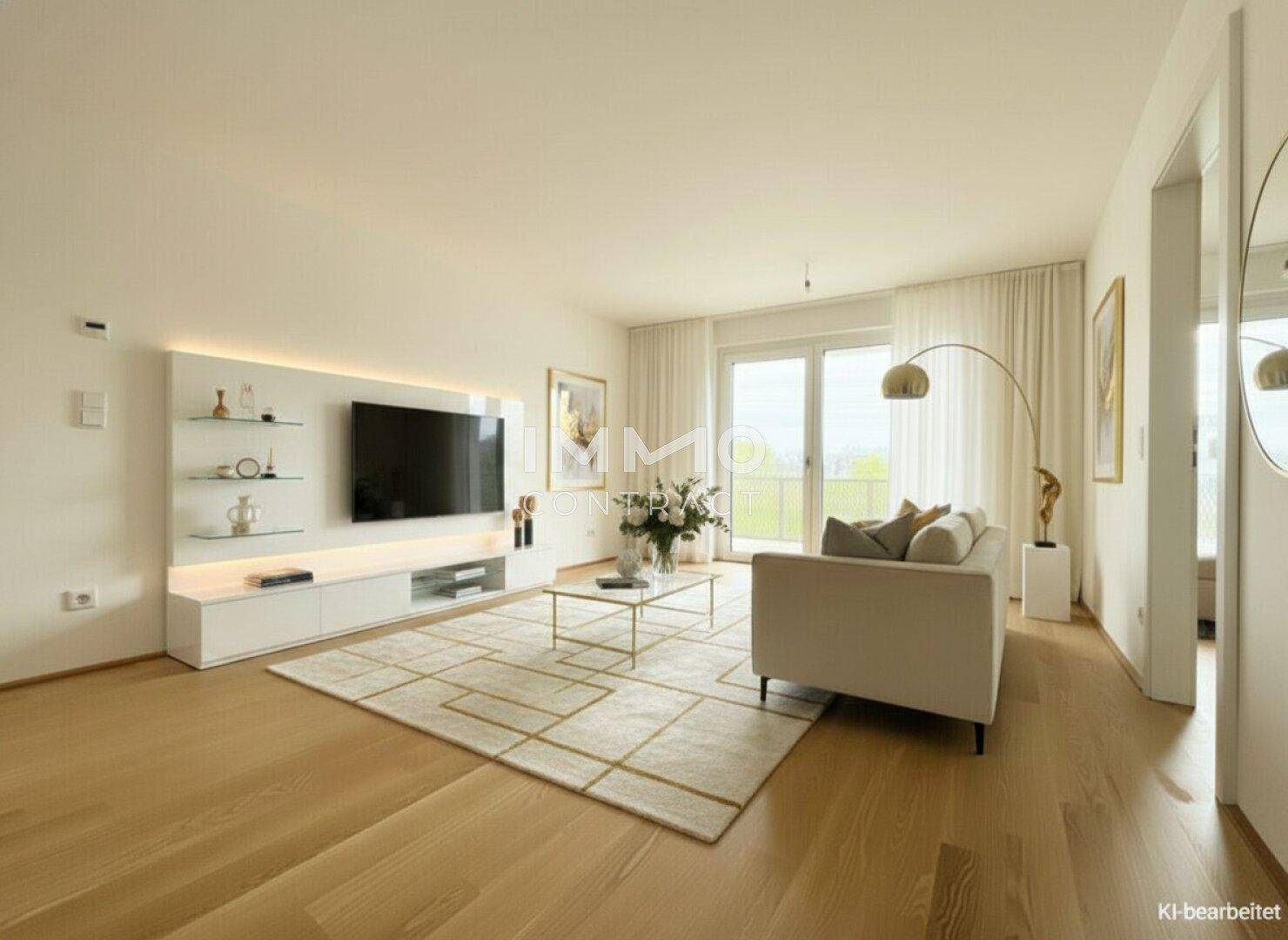 Modern eingerichtetes Wohnzimmer mit Holzboden, TV-Wand und Zugang zum Balkon.
