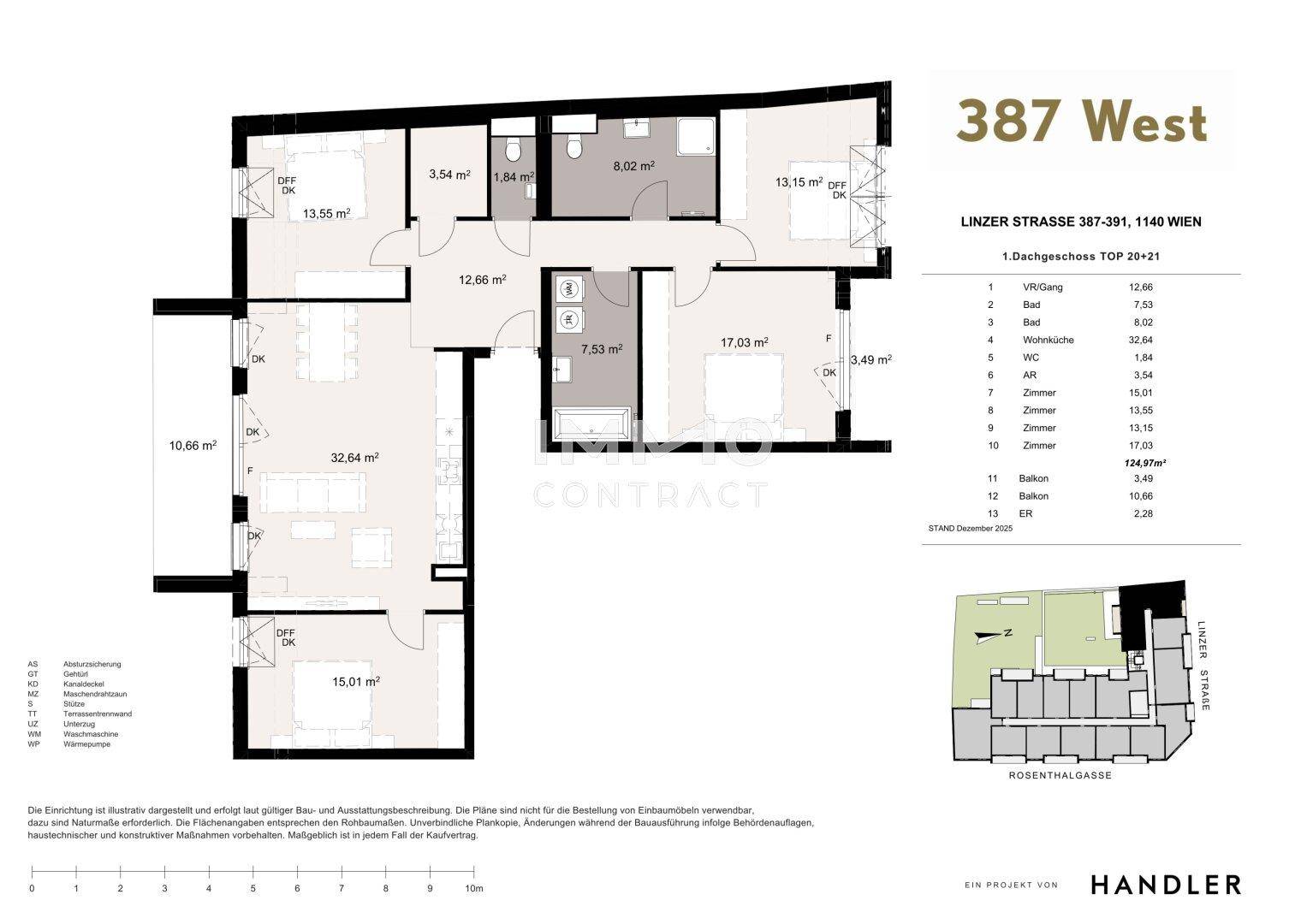Detaillierter Grundriss einer 1-Dachgeschosswohnung mit drei Schlafzimmern und Balkon.