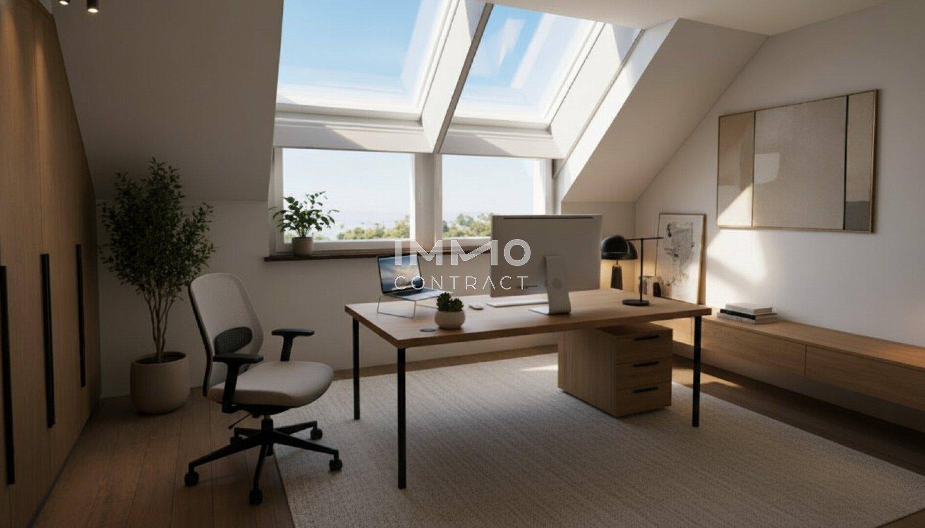 Helles Dachgeschoss-Büro mit großen Dachfenstern, Holzboden und moderner Einrichtung.