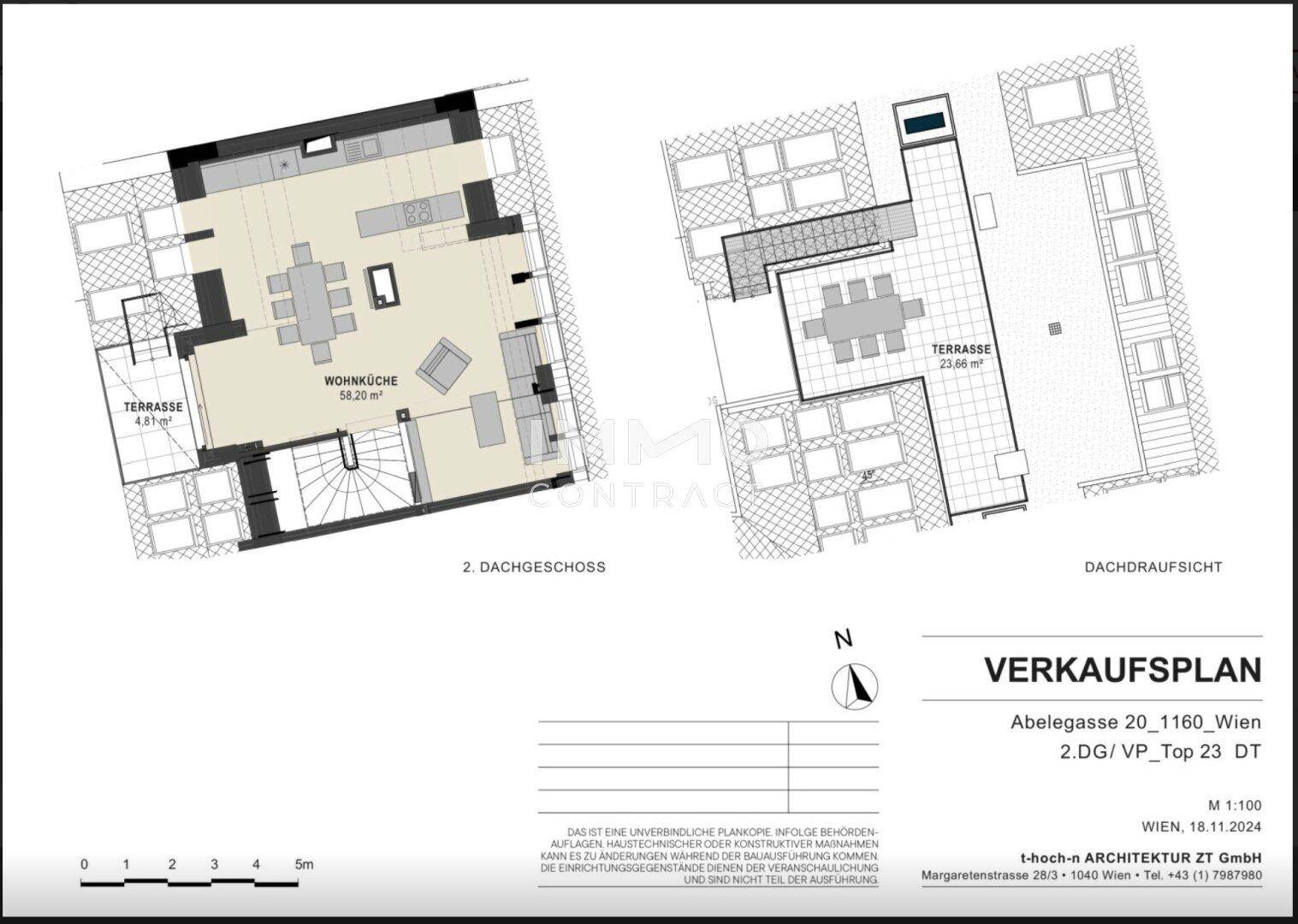 Grundriss der oberen Ebene mit Wohnküche, Essbereich und zwei Terrassen.