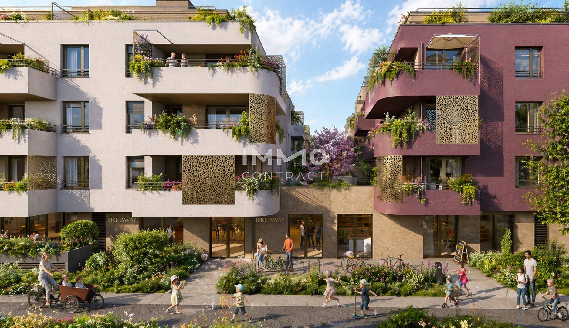 Moderne Wohngebäude mit Geschäften im Erdgeschoss und belebter Straße mit Fußgängern.