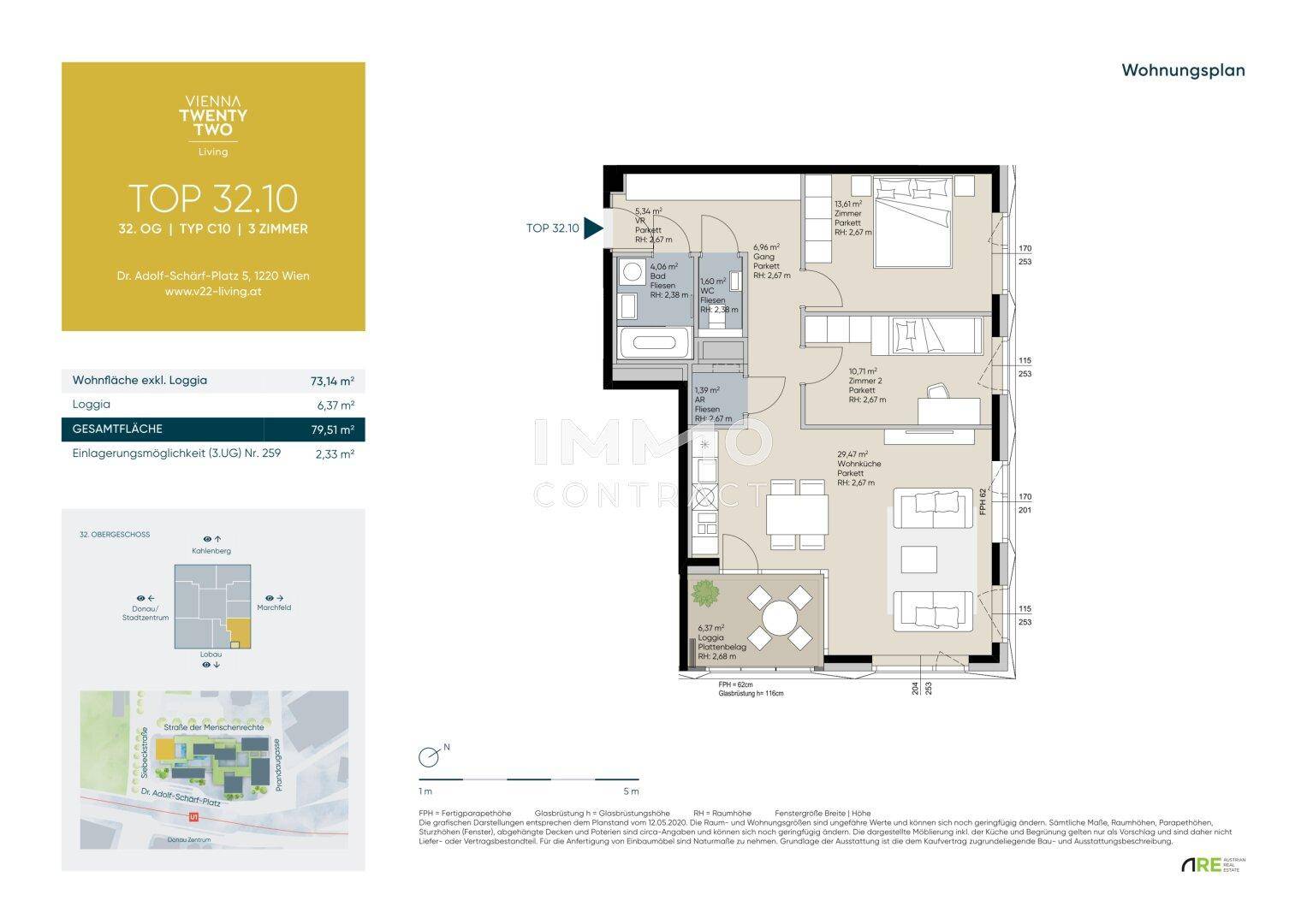 Grundriss einer 3-Zimmer-Wohnung mit offenem Wohnbereich, separatem WC und einer Loggia.