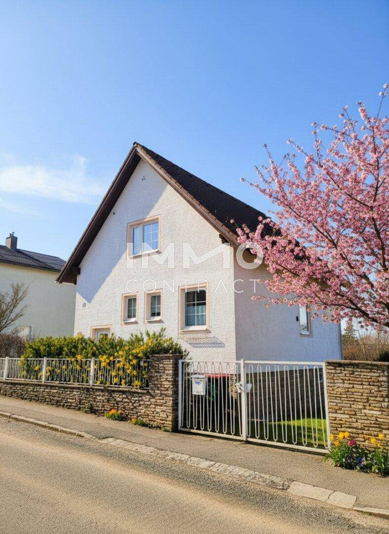 Hausansicht von der Straße mit einem Zaun und einem blühenden Baum im Frühling.