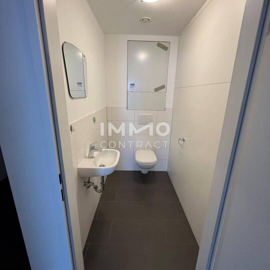 Separate Toilette mit Wand-WC, kleinem Waschbecken und dunklen Bodenfliesen.
